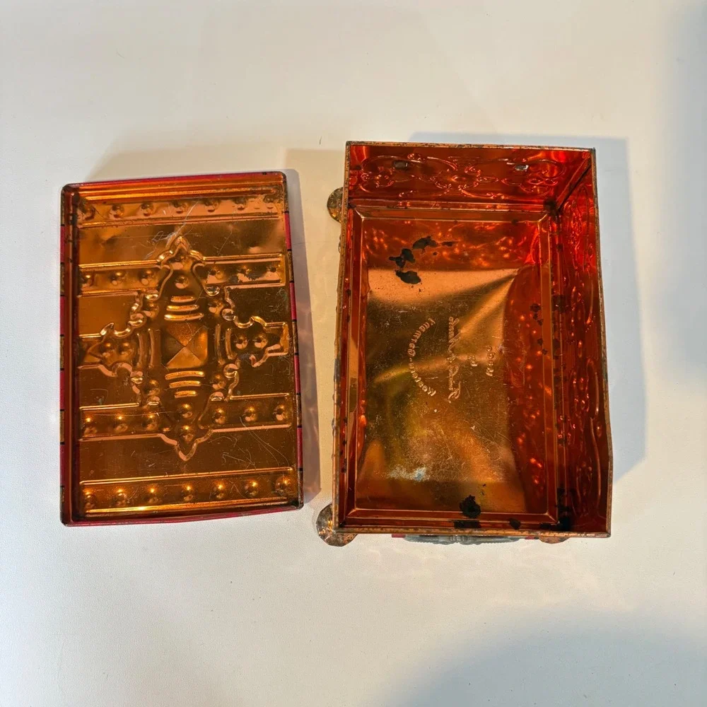 Vintage Fricke & Nacke Western Germany Tin Jewelry Box Red Orange Striped Casket